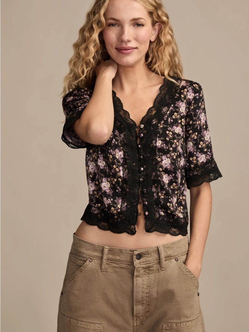 Lucky Brand Black Floral Lace-Trim Button Front Blouse